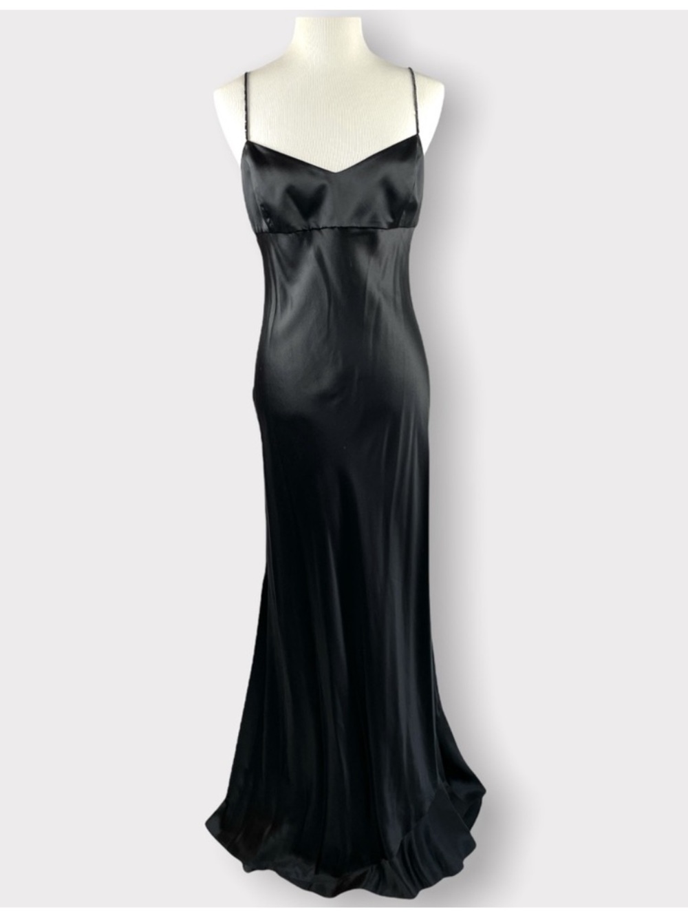 BCBG Maxazria 100% Silk Open Back Beaded Strap Flare Black Long Gown Dress